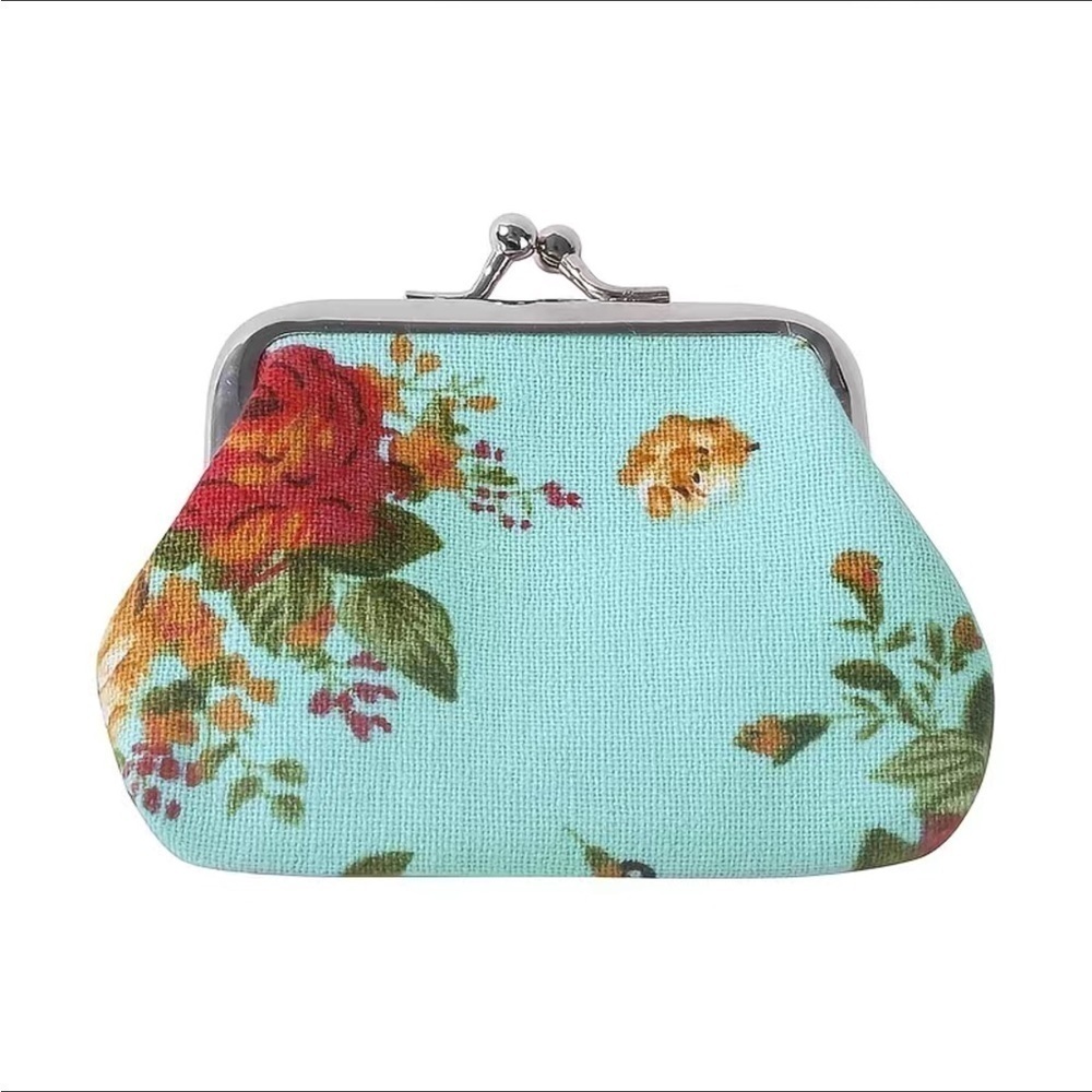Purse Coin Bag French Kiss Clasp Storage Change Victorian Rose Floral Blue - Picture 5 of 16